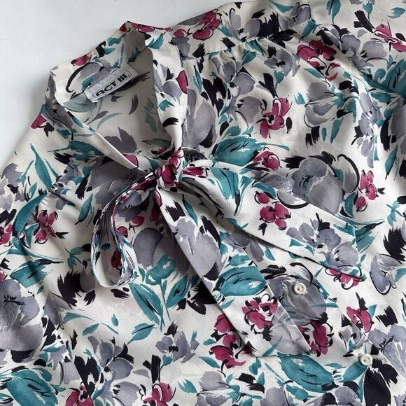 Vintage ACT III Button Up Blouse Tie Neck Secretary Floral Print Women’s Size L - Picture 1 of 12